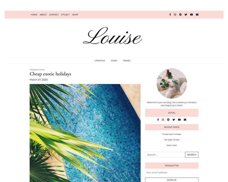 May include: A blog post titled "Cheap exotic holidays" with a photo of a swimming pool and palm trees. The blog post was published on March 27, 2020.