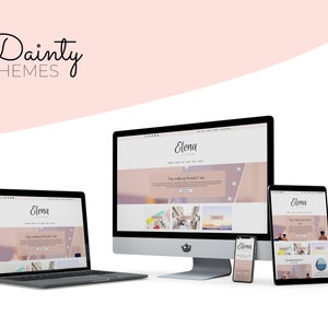 May include: A mockup of a website design for a beauty blog called "Elena". The website is shown on a desktop computer, laptop, tablet, and smartphone. The website features a pink and white colour scheme and a photo of makeup products.