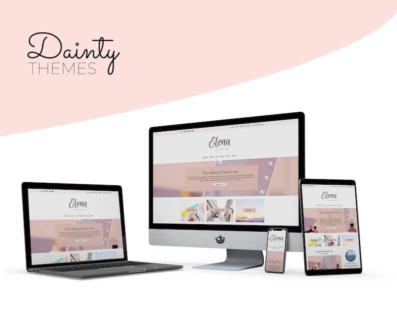 May include: A mockup of a website design for a beauty blog called "Elena". The website is shown on a desktop computer, laptop, tablet, and smartphone. The website features a pink and white colour scheme and a photo of makeup products.