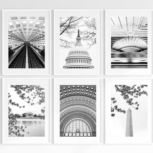 Washington DC Wall Art Set - SALE 30% off Set of Six Prints, black and white, Monuments, Travel Gallery Wall,  DC Metro, Union Station