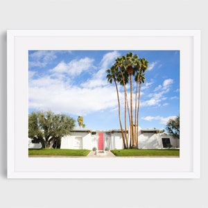 Palm Springs Print, Różowe drzwi, Dekoracja w stylu Mid Century Modern, Dom w Palm Springs, Zdjęcie architektury pustyni, Podróże po Kalifornii, Dom retro