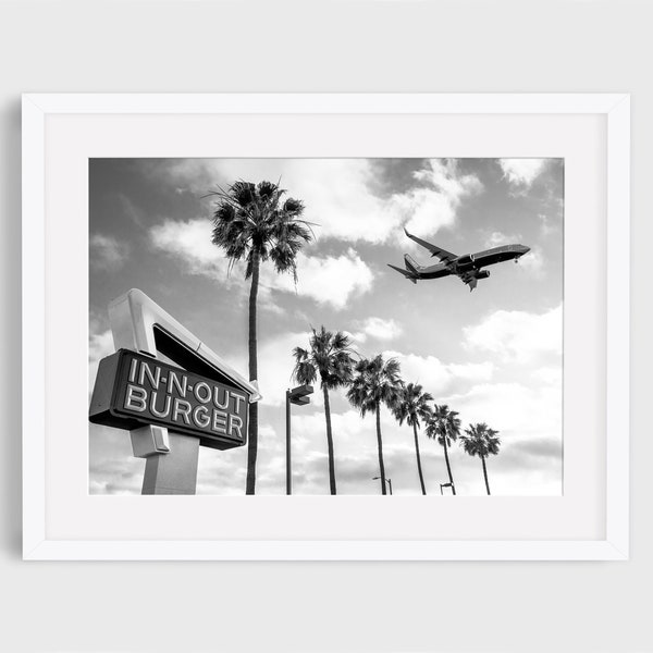 black and white Los Angeles In-N-Out Burger Print, Wall Art Print, Iconic Photography, Fine Art Print, Urban Landscape, Airplane Palm Tree