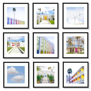 May include: A collage of nine framed photographs featuring colorful mid-century modern architecture in Palm Springs, California. The photos showcase a variety of architectural styles, including a bright yellow house with a pink door, a white house with a pink door, and a multi-colored building with palm trees.