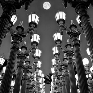 May include: A black and white photo of a row of street lamps with a full moon in the background. The lamps are tall and slender with ornate designs. The moon is bright and round.
