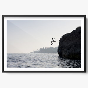 Fine Art Beach Photography, Cliff Jumping Print, Italian Wall Art, Adventure Travel Photo, Black and White Minimalist Wall Art, Lifestyle