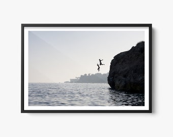 Fine Art Beach Photography, Cliff Jumping Print, Italian Wall Art, Adventure Travel Photo, Black and White Minimalist Wall Art, Lifestyle