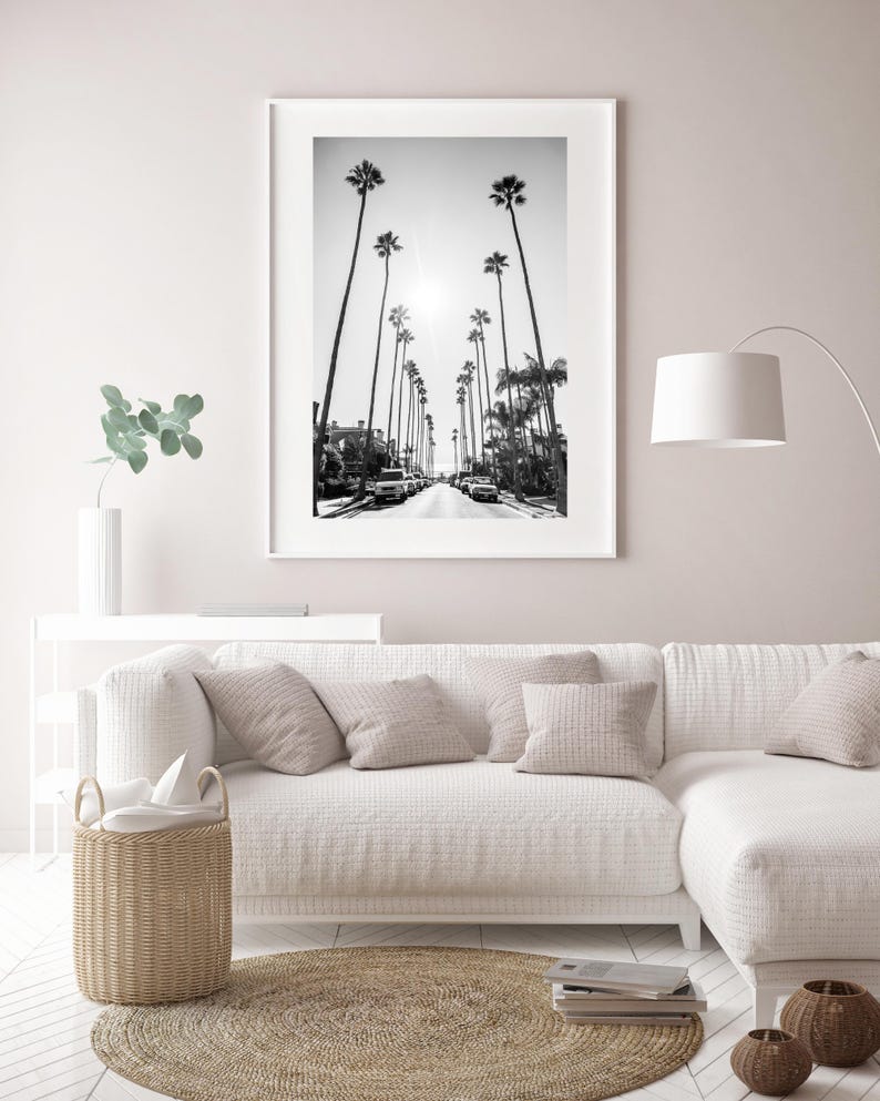 California Palm Trees to Beach Black and White Photo, Newport Beach ...