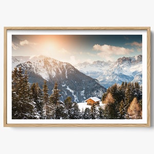 Fine Art Winter Mountain Photography, Fine Art Italy Print, Wooden House Mountains at Sunset. Dolomite Alps, Val di Fassa, Italy, Ski Chalet