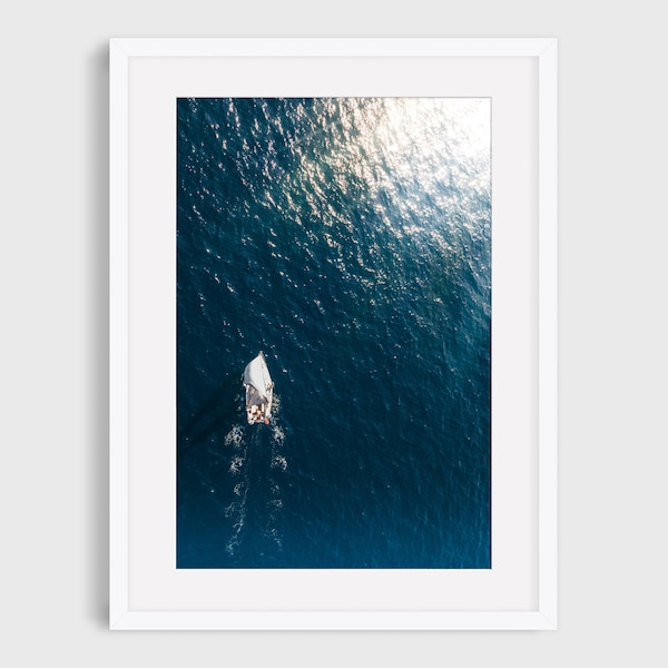 Impresión de barco aéreo, foto de navegación, impresión del océano, arte de la pared costera, Los Ángeles, Santa Mónica, California, foto de la playa grande