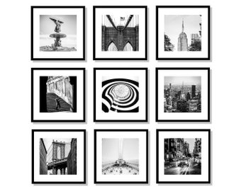New York City Gallery Wall, New York Wall Art Set, NYC Photo prints, Square Prints, Set of 9, New York gift, Brooklyn Bridge