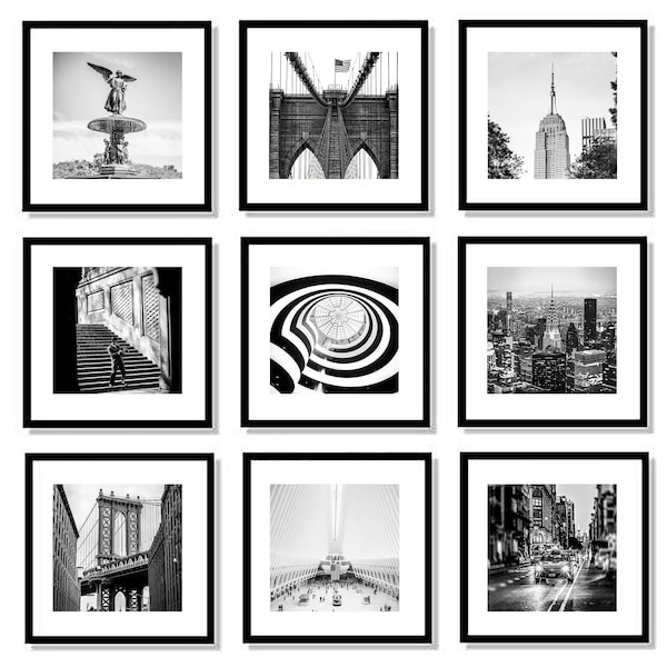 New York City Gallery Wall, New York Wall Art Set, NYC fotoafdrukken, vierkante prints, set van 9, New York cadeau, Brooklyn Bridge