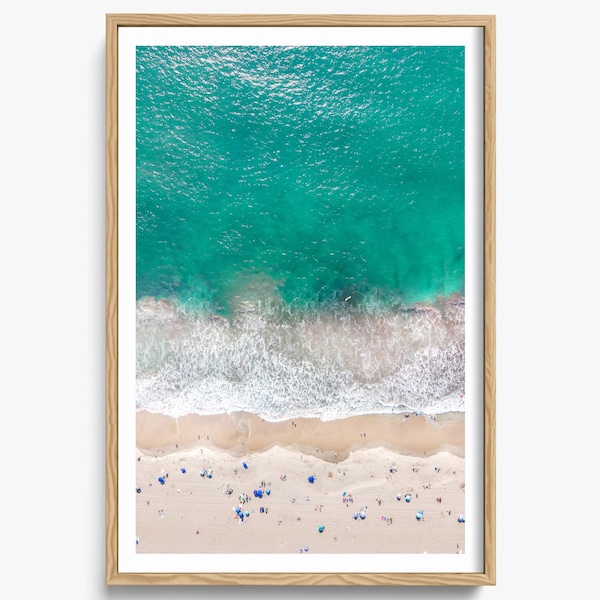Impresión aérea de playa, fotografía de playa, arte mural de la costa oceánica de California, Los Ángeles, Santa Mónica, foto de playa grande, decoración costera