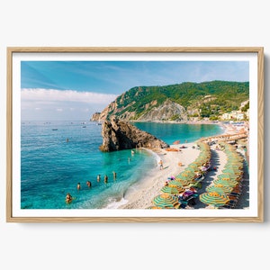イタリアの美術写真、ポジターノ、アマルフィ海岸、イタリア沿岸の海の壁画、イタリアの室内装飾、イタリアのビーチ、ビーチパラソル