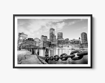 Fotografía en blanco y negro del horizonte del centro de Boston, impresiones de Nueva Inglaterra, Boston histórico, decoración artística de Boston, fotografía de Massachusetts