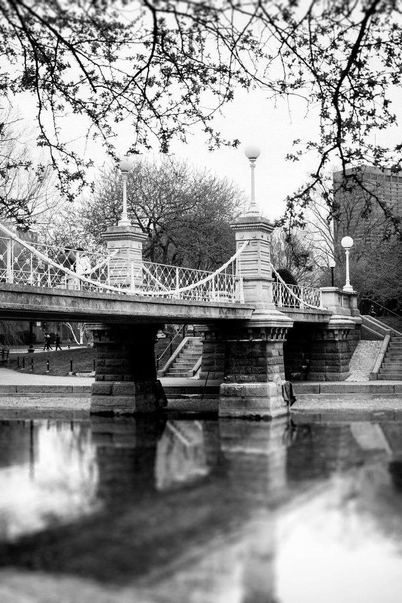 Puede incluir: Una foto en blanco y negro de un puente de piedra con una barandilla de hierro forjado. El puente est&aacute; sobre una masa de agua y hay &aacute;rboles y edificios en el fondo.