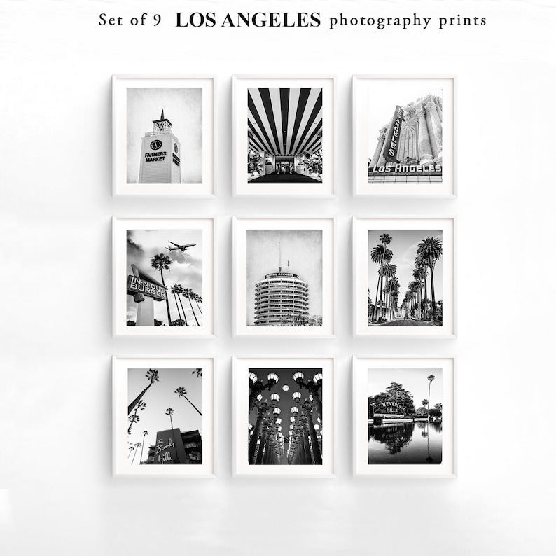 May include: Set of nine black and white photography prints featuring iconic Los Angeles landmarks, including the Farmers Market, the Hollywood sign, and the Capitol Records Building.