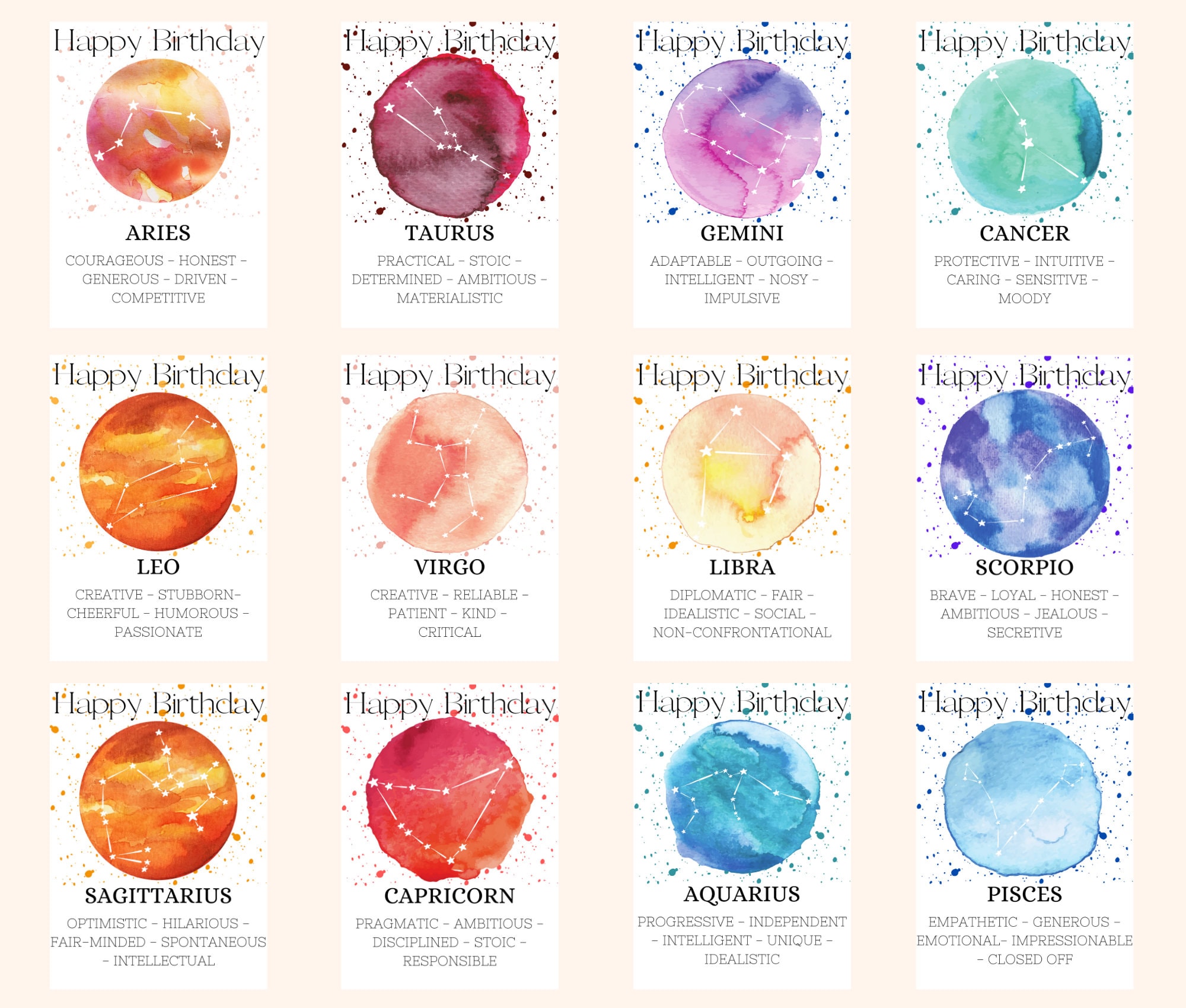 ALLE 12 Sternzeichen-Geburstags-Karten-SET / Alle Zodiac  Etsy