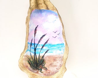 Jewelry Dish Miniature Painting Ring Dish with a Hand Painted Pelican in Acrylics on an Oyster Shell