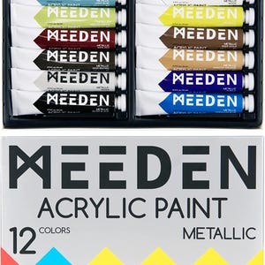 May include: A set of 12 metallic acrylic paints in tubes. The tubes are arranged in two rows of six, with the labels facing the viewer. The labels are white with black text and feature the brand name "MEEDEN" and the words "Acrylic Paint" and "Metallic". The tubes are arranged in a variety of colors, including gold, silver, copper, and bronze.