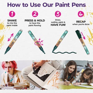 May include: Image showing the steps to use paint pens. The steps include shaking, pressing, drawing, and recapping. The image also shows people using the paint pens to create art. The text on the image says "How to Use Our Paint Pens."