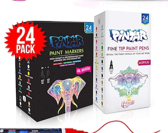 PINTAR Premium Acrylic and Oil Paint Pens - (24 Pack) Fine Tip Pens & (24 Pack) Premium Oil Paint For Rock Painting, Ceramic (Bundle Deals)