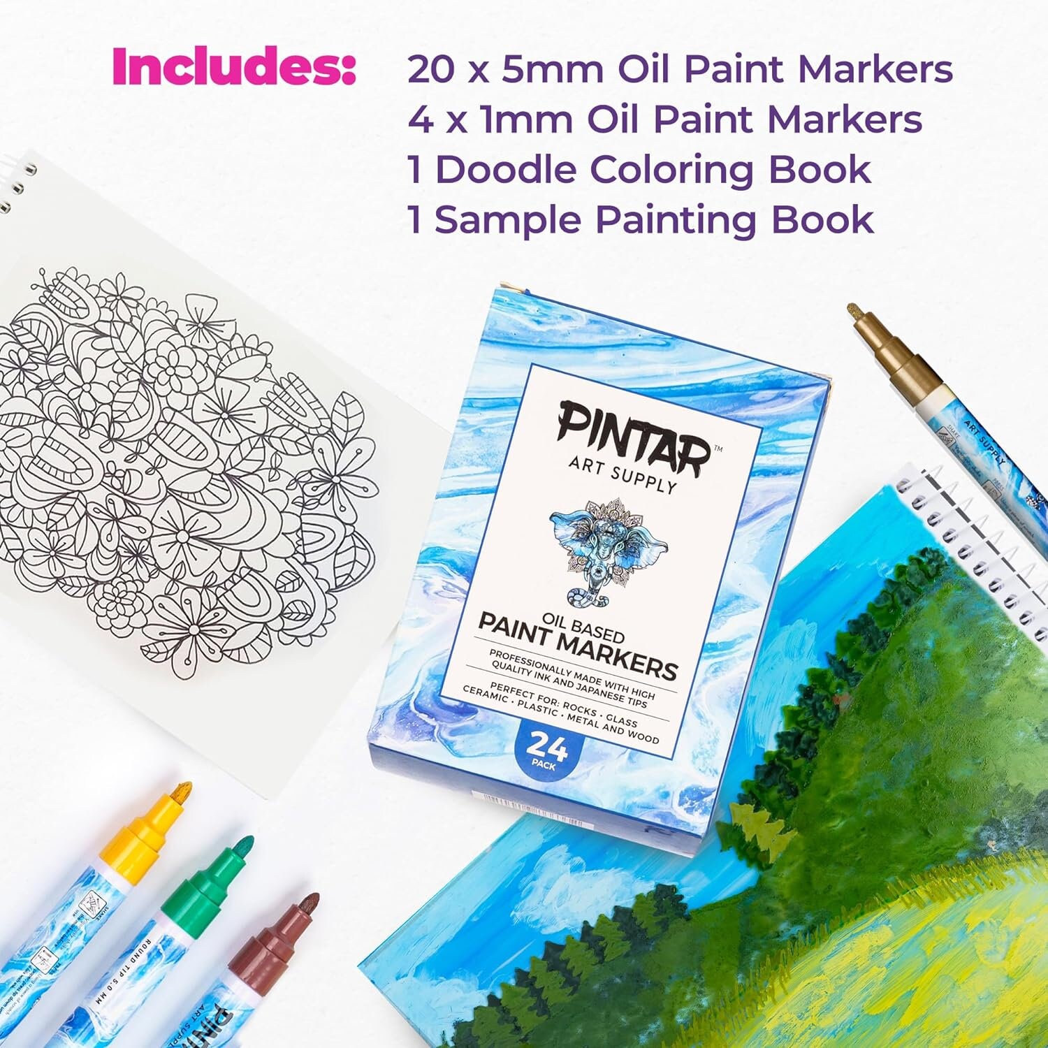 PINTAR Premium Oil Paint Pens - (24-Pack) 20 Medium Tip(5mm) & 4 Fine  Tip(1mm) Vibrant Colored Pens For Rock Painting, Ceramic, Glass, Wood,  Paper & Fabric. Paint Markers, Craft Supplies, DIY projects 