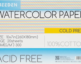 Bloc de papel para acuarela Meeden, 100% algodón, 20 hojas, 300 g/m², libre de ácido, ideal para acuarela, gouache y tinta.