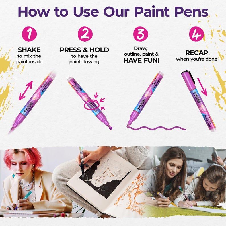 Puede incluir: Cuatro pasos sobre c&oacute;mo usar los bol&iacute;grafos de pintura. Los pasos son: agitar, presionar y mantener, dibujar, delinear, pintar y divertirse, y volver a tapar cuando hayas terminado. La imagen muestra a una persona dibujando con un bol&iacute;grafo de pintura en un papel.