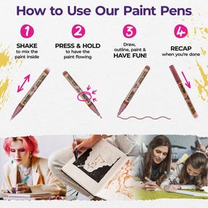 Puede incluir: Cuatro pasos sobre c&oacute;mo usar los bol&iacute;grafos de pintura. Los pasos son agitar, presionar y mantener, dibujar y volver a tapar. La imagen muestra a una persona dibujando con un bol&iacute;grafo de pintura en un cuaderno de bocetos.