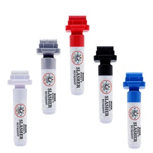 May include: Five paint markers with different colored caps and bodies. The markers are labeled "Risky's Slasher Buckshot". The caps are red, gray, black, blue, and white. The bodies are red, gray, black, blue, and white.