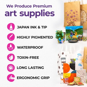 May include: A pink and white illustration of a paintbrush with the text "We Produce Premium art supplies" above it.  Below the paintbrush are six pink circles with white icons and text describing the features of the art supplies: "Japan Ink & Tip", "Highly Pigmented", "Waterproof", "Toxin-Free", "Long Lasting", and "Ergonomic Grip".