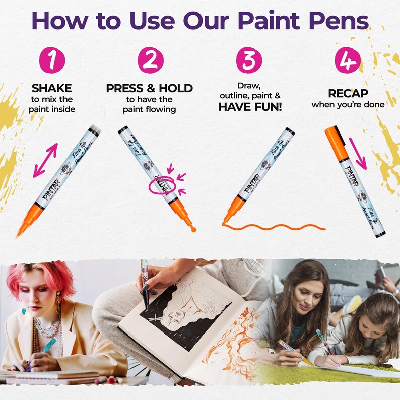 May include: Four steps on how to use paint pens. The steps are shake, press and hold, draw, outline, paint and have fun, and recap when you're done. The image shows a person using the paint pens to colour in a drawing.