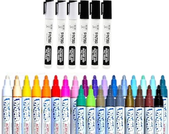 Pintar Outline and Fill pack - Set of 18 Black/White Paint Markers & 26 Colors Medium Tip Acrylic Paint Pens (Bundle Deals)