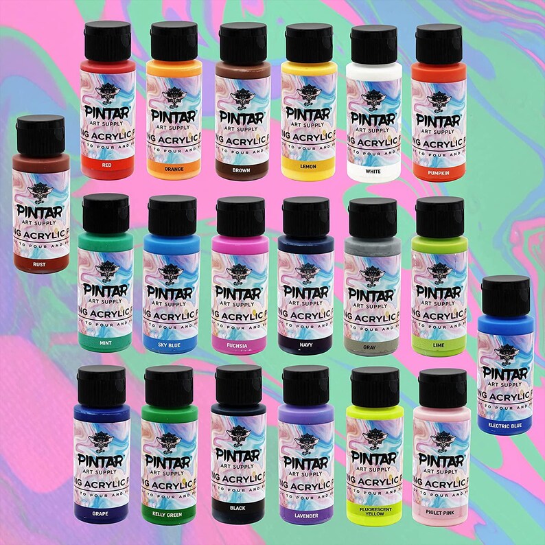 Vibrant liquid acrylic paints blending together in fluid art