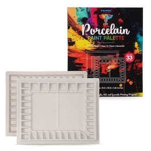 May include: Two white porcelain paint palettes with 33 wells each. The palettes are rectangular and have a raised edge. The palettes are designed for use with acrylic, oil, and gouache paints.