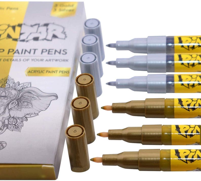 Metallic acrylic paint pens for rock, wood, glass, and canvas art.