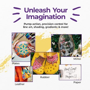 May include: Image promoting art supplies and creative projects. Features plates, rubber clogs, a leather bag, a mirror, and a paper with text. The text reads "Unleash Your Imagination" and "Don't Limit Yourself to Paper."