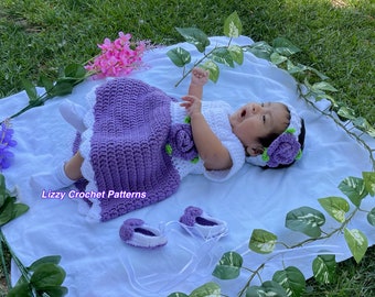 Crochet Baby Dress  0-3 months, headband and booties