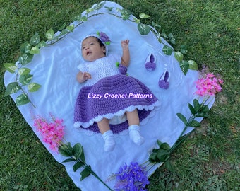 Gehäkeltes Babykleid-MUSTER nur PDF 0-3 Monate, Stirnband und Schühchen