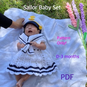 Baby Girl Crochet Sailor Pattern 0-3 months Baby Girls Sailor Dress PDF instant download
