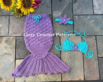 Crochet Mermaid Tail PATTERN only newborn, 0-3 months PDF instant download Mermaid top and headband