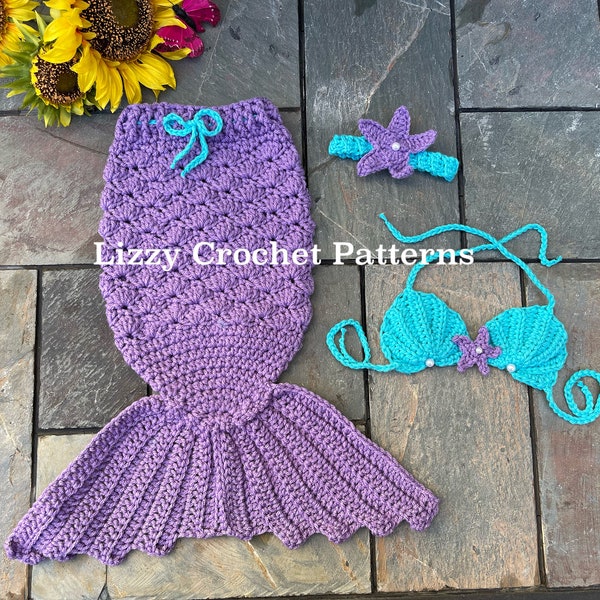 Crochet Mermaid Tail PATTERN only newborn, 0-3 months PDF instant download Mermaid top and headband