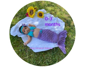 Mermaid Costume 0-3 months, Crochet Mermaid Tail, Headband and Top