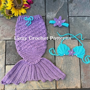 May include: A crocheted mermaid tail costume in purple with a matching turquoise bikini top and headband with a purple flower. The text "Lizzy Crochet Patterns" is visible in the image.