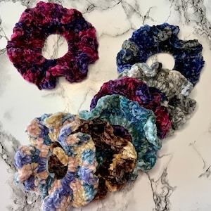 Velvet Ruffle Crochet Scrunchie - Blue, Cream, Purple, Grey, Brown, Navy Velvet Scrunchies