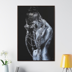 Powerful Figurative Artwork - Emotional Black and White Painting of Woman in Chains - Symbolic Wall Art for Modern Decor - FREE SHIPPING