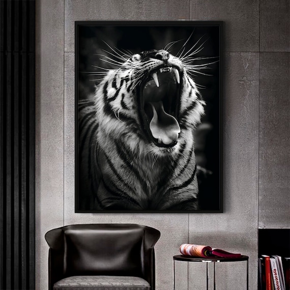 Tiger Wall Art Print Black and White Art Canvas Modern Framed 