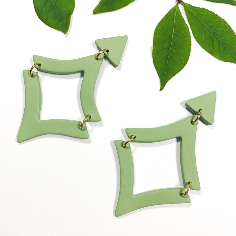 Olive Triangular Modern Dangles Gold Accents Handmade SASHA Elegant Statement Earrings Polymer Clay Earrings Lightweight Jewelry