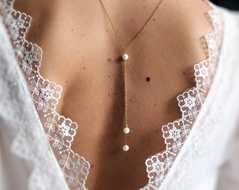 Bridal back necklace pearls freshwater pearls, designer wedding jewelry, women's Christmas gift, civil ceremony jewelry