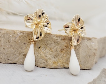 Boucles d'oreilles mariée fleur, bijoux porcelaine mariage, boucles d'oreilles élégantes, cadeau de noël femme, bijoux cérémonie civile